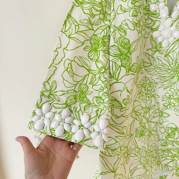 Lilly Pulitzer Newbury Draw the Line Green Floral Beaded Tunic Top 4 - Picture 4 of 10
